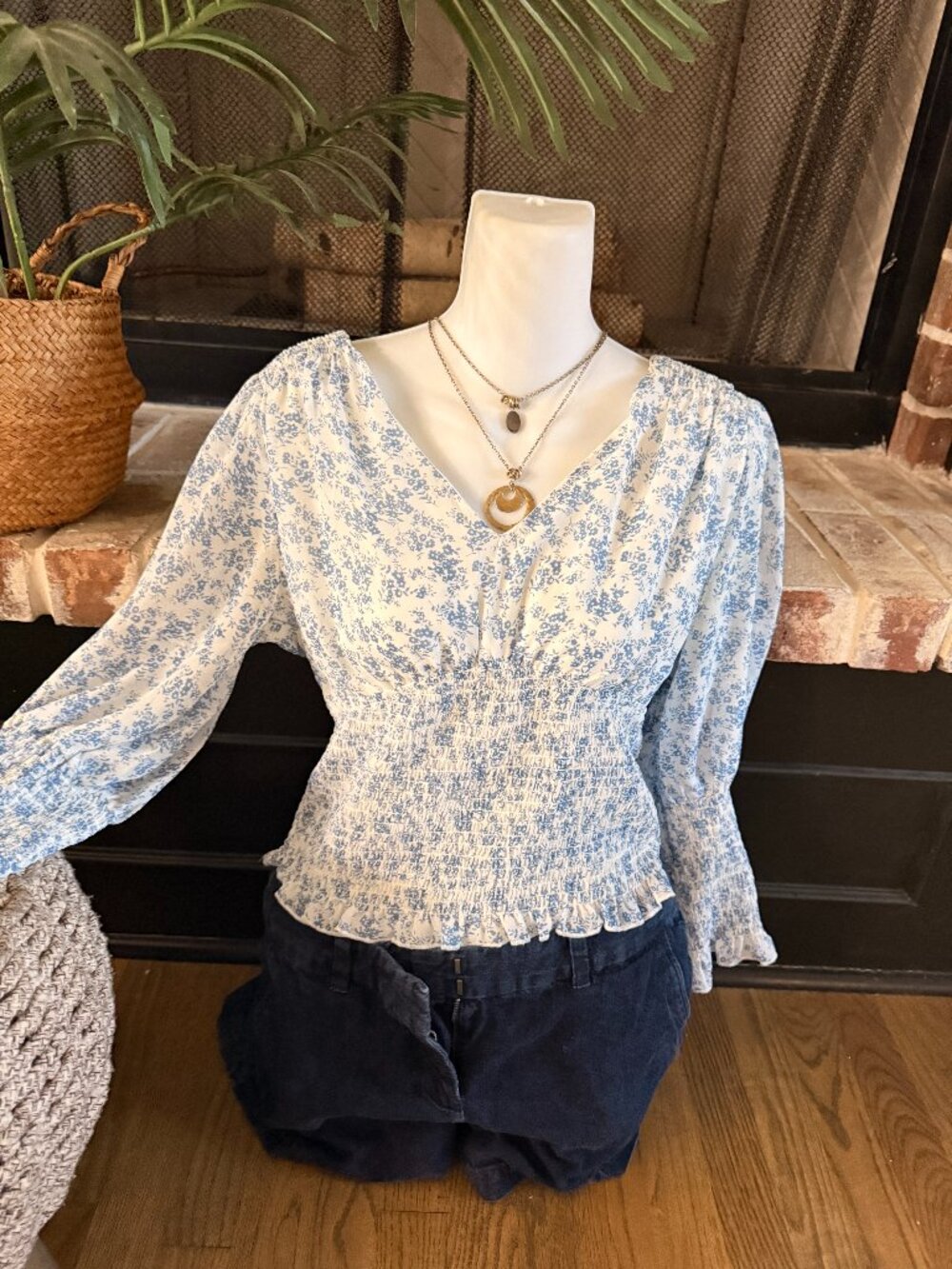 Blue Floral Smocked Blouse - Women’s Medium White Boho Romantic